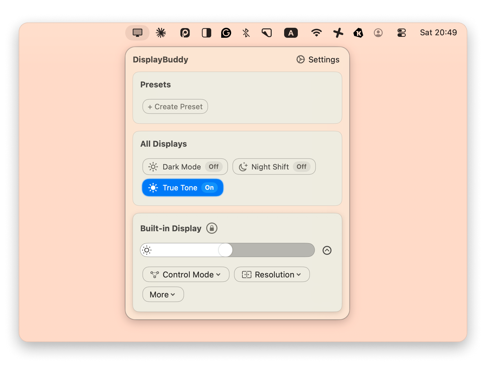Adjusting display settings from the menu bar with DisplayBuddy, available on Setapp